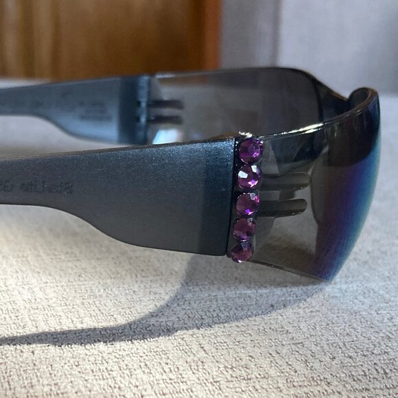 Purple Swarovski Crystals on Gold and Blue Mirror Sunglasses - Unique - unisex - Picture 5 of 13